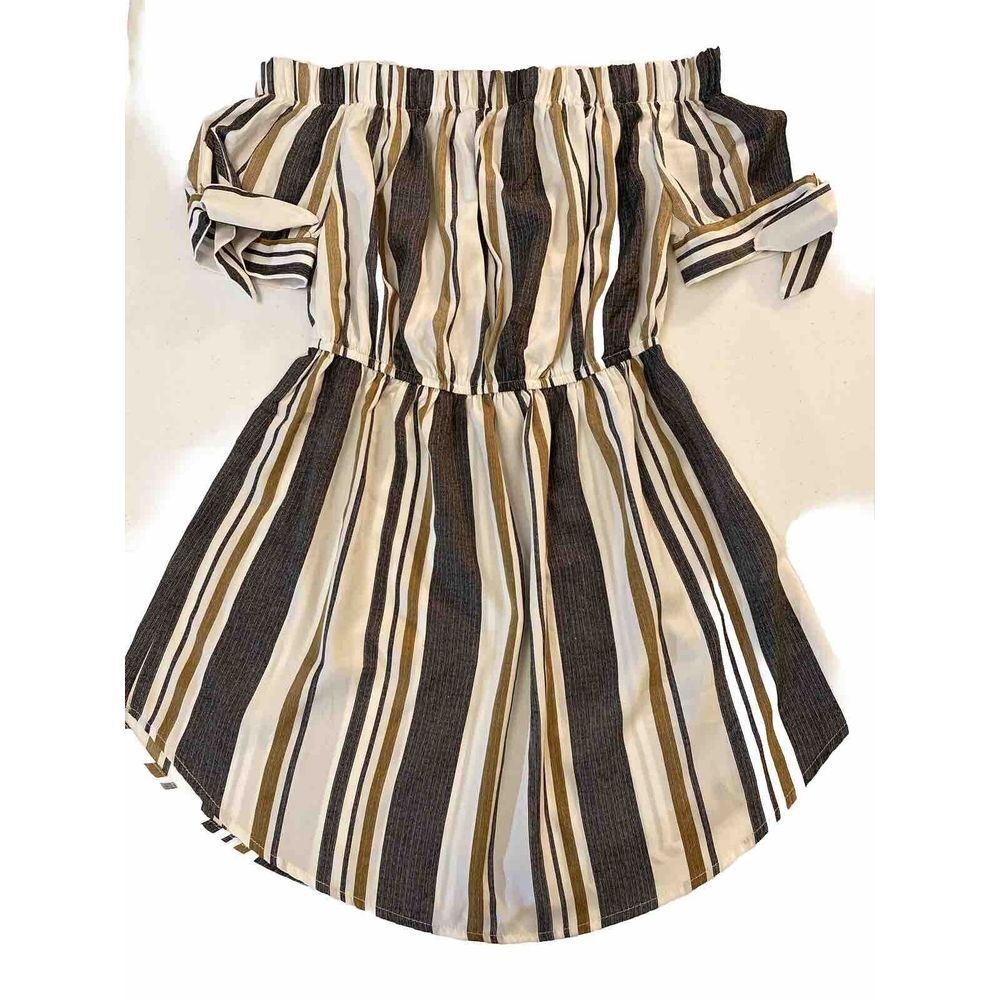Blush Off The Shoulder Mini Dress Womens Size S Striped Black White Tan Neutral - Picture 1 of 6